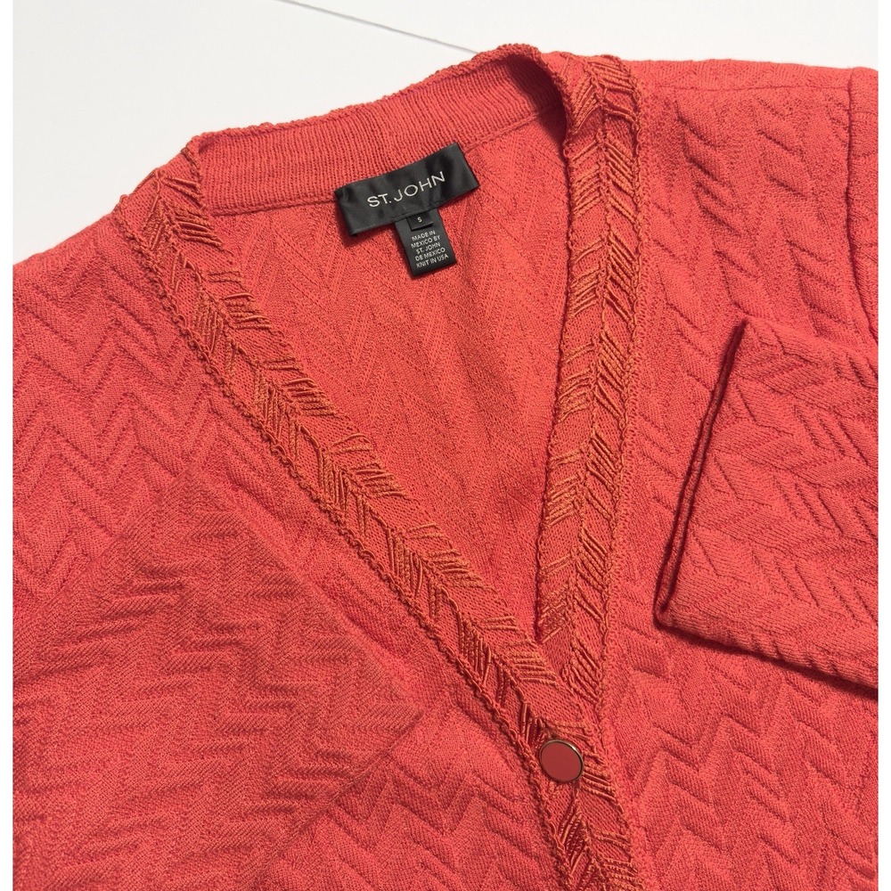St John Marie Gray Chevron Knit V-Neck Cardigan Sweater S Bright Orange Designer
